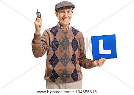 Elderly man holding a car key and an L-sign isolated on white background
