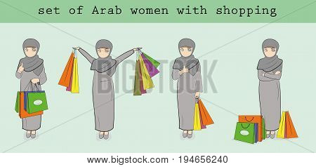 a set of Arab women with shopping. vector illustration.