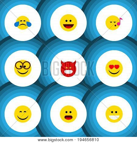 Flat Icon Expression Set Of Descant, Cold Sweat, Laugh And Other Vector Objects. Also Includes Angry, Tears, Song Elements.