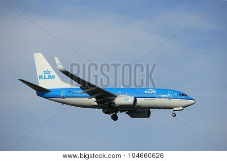 Amsterdam the Netherlands - July 7th 2017: PH-BGT KLM Royal Dutch Airlines Boeing 737 approaching Schiphol Amsterdam Airport Polderbaan runway