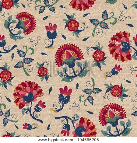 Seamless ethnic floral pattern red on beige background