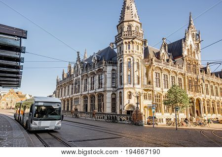 Stret view on the Post office building during the morning in Gent city, Belgium