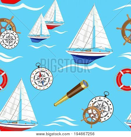 Vector pattern with a marine sailing regatta and the attributes of a yacht and a compass, steering wheel, life ring and a telescope on a blue background among the waves.