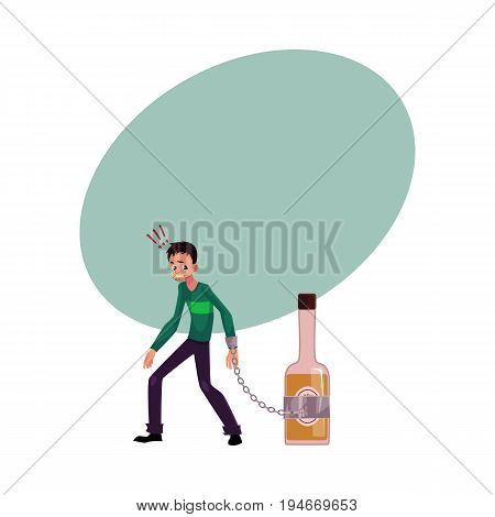 Unshaven man standing with hand chained to bottle of liquor, alcohol dependence, cartoon vector illustration with space for text. 
