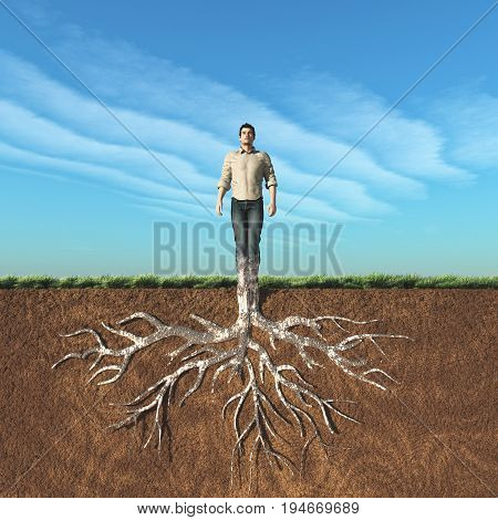 Image of a man that has taken root in the ground. This is a 3d render illustration