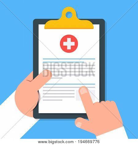 Clipboard in hand doctor. Doctor consider notes in a Clipboard. Medical report, medical background. Vector, flat design. Patient care. Top view