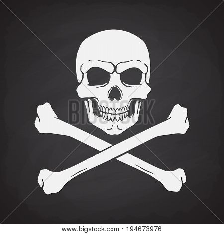 Silhouette of skull Jolly Roger with crossbones at the bottom on blackboard background. Vector illustration. Danger and warning sign. Symbol on the flag of pirates