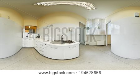 Panorama view of modern interior european dental clinic with equipment sterilization room spherical projection inside dental office beige white colour dentist chair 360 lense degrees equidistant