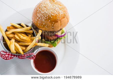 Close up of burger by french fries in container with tomato sauce on plate against white backgroun