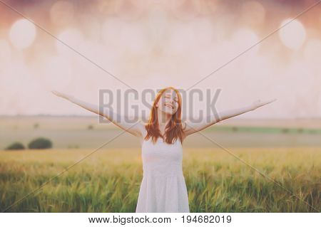 Young Woman On The Wonderful Wheat Field Background