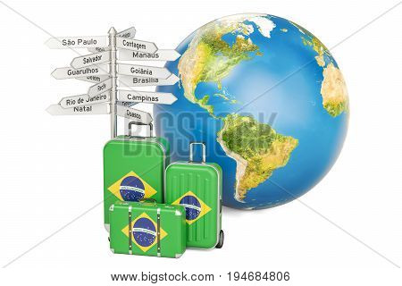 Brazil travel concept. Suitcases with Brazilian flag signpost and Earth globe. 3D rendering