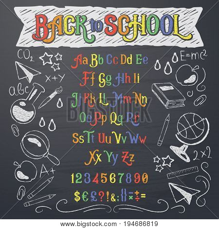 Vector illustration of retro font, capital letters, numbers and symbols written in white and color chalk on a blackboard. Template, design element for a signboard, advertising
