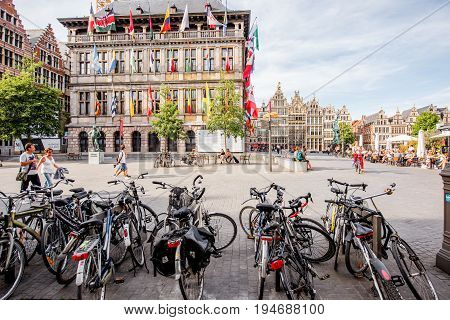 ANTWERPEN, BELGIUM - June 02, 2017: Street view on the crowded Grote Markt square with bicycle parking in Antwerpen city, Belgium