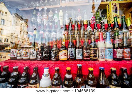 ANTWERPEN, BELGIUM - June 02, 2017: Different belgian beer bottles on the showcase in Antwerpen city