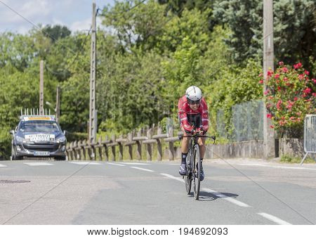 Bourgoin-Jallieu France - 07 May 2017: The Portuguese cyclist Andre Cardoso of Trek-Segafredo Team riding during the time trial stage 4 of Criterium du Dauphine 2017.