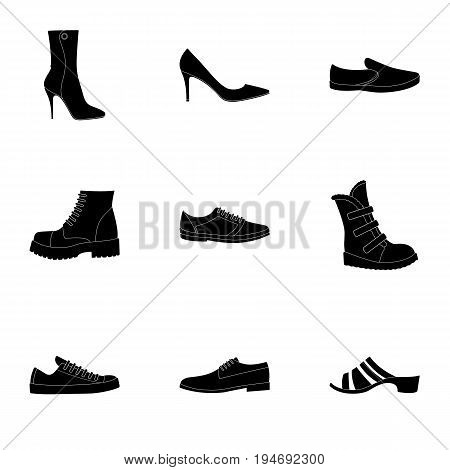 A set of icons on a variety of shoes.Different shoes single icon in black style vector symbol stock web illustration.