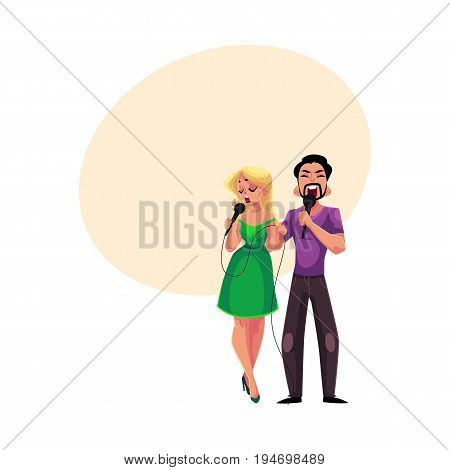 Man and woman singing duet into microphones, karaoke party, contest, competition, cartoon vector illustration with space for text.