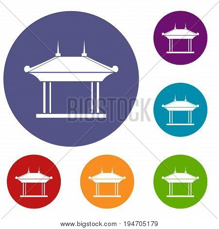 Pagoda icons set in flat circle reb, blue and green color for web