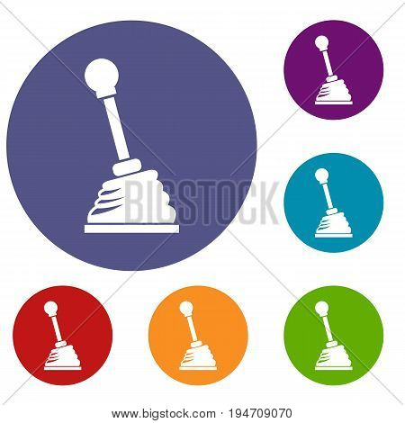 Gear stick icons set in flat circle reb, blue and green color for web