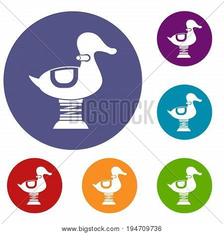 Duck spring see saw icons set in flat circle reb, blue and green color for web