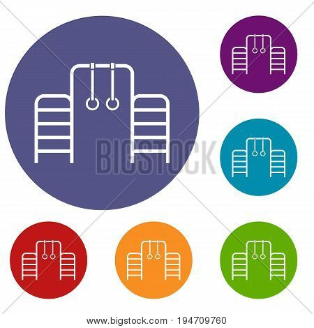 Horizontal bar with climbing rings and ladder icons set in flat circle reb, blue and green color for web