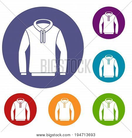 Hoody icons set in flat circle reb, blue and green color for web