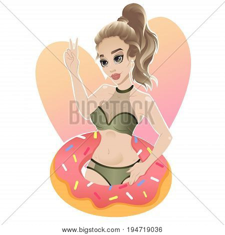 Vector illustration of a beautiful blonde young woman in swimsuit posing with swimming