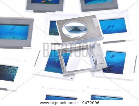 Beyaz arka plan stüdyo resmi bir lightbox slaytlar ve bir büyüteç ile.