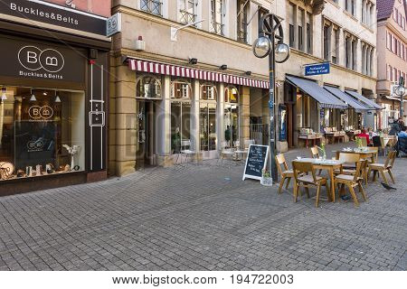STUTTGART GERMANY - MARCH 18 2016: The historic street Calwer Strasse in the city center. Stuttgart is the capital and largest city of the state of Baden-Wuerttemberg.