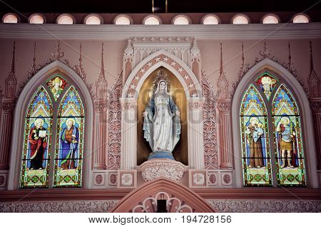 CHANTABURI, THAILAND - 1 july 2017 : Old catholic church of Maephra Patisonti Niramon, inside iconic of Chantaburi built French Style, building of Cathedral of the Immaculate Conception at Chanthaburi
