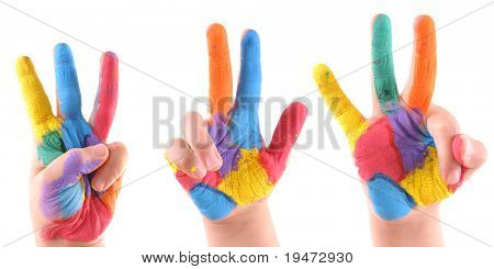 เด็กน้อยมีสีสันมือทั้งหมดทำสาม - ความละเอียดสูงภาพสตูดิโอ