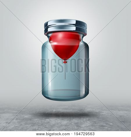 Can not be held down business or life metaphor as a balloon in a closed bottle lifting the glass as a power concept and freedom symbol as a 3D illustration.