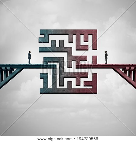 Business meeting challenge and communication solution concept as a bridge with a maze dividing two business people as a metaphor for team strategy with 3D illustration elements.