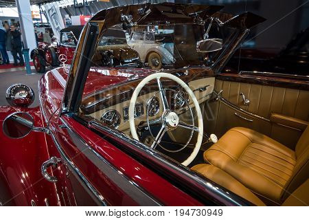 STUTTGART GERMANY- MARCH 17 2016: Cabin of luxury car Mercedes-Benz 170S (W191) "Cabriolet A" 1950. Europe's greatest classic car exhibition "RETRO CLASSICS"