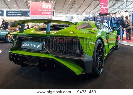 STUTTGART GERMANY - MARCH 17 2016: Mid-engined sports car Lamborghini Aventador LP 750-4 SuperVeloce 2016. Rear view. Europe's greatest classic car exhibition 