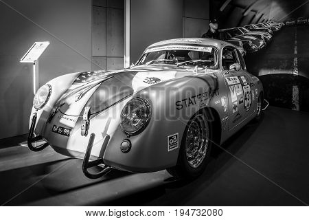 STUTTGART GERMANY - MARCH 17 2016: Sports car Porsche 356A Carrera Panamericana Coupe 1953. Black and white. Europe's greatest classic car exhibition 