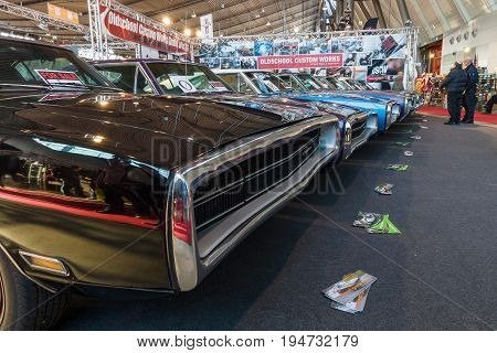 STUTTGART GERMANY - MARCH 17 2016: Various Dodge Charger (Muscle car) modesl 500 and R/T are standing in a row. Europe's greatest classic car exhibition 