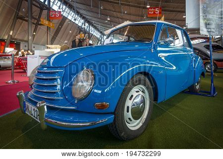STUTTGART GERMANY - MARCH 17 2016: Small family car DKW 3=6 1955. Europe's greatest classic car exhibition 