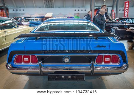 STUTTGART GERMANY - MARCH 17 2016: Pony car Ford Mustang Fastback 1972. Rear view. Europe's greatest classic car exhibition 