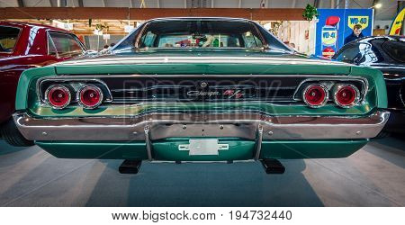 STUTTGART GERMANY - MARCH 17 2016: Muscle car Dodge Charger R/T 1968. Rear view. Europe's greatest classic car exhibition 
