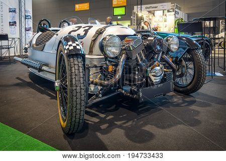 STUTTGART GERMANY - MARCH 17 2016: Three-wheeler car Morgan M3W SUPERDRY 2013. Europe's greatest classic car exhibition 
