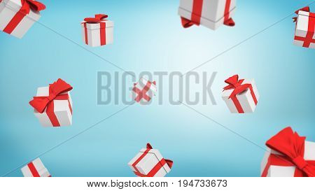 3d rendering of a lot of white closed gift boxes tied with red ribbons falling from above on blue background. Gifts and surprises. Bonuses and promotions. Receive free gift.