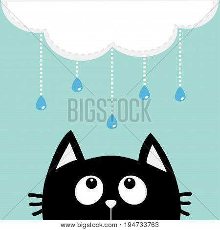 Black cat looking up to cloud with hanging shining rain drops. Dash line set. Cute cartoon character. Valentines Day. Kawaii animal. Love Greeting card. Flat design. Blue background Isolated. Vector