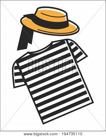 Italy or Venice gondolier shirt and hat symbols for Italian culture and travel. Vector isolated flat icons of striped clothes of traditional Venetian gondola driver
