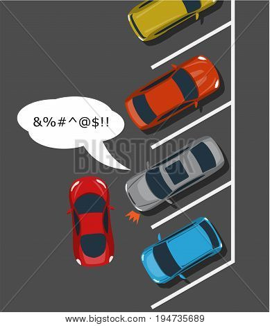 Bad car parking top view illustration. Inappropriate parking. Rude driver bad parked. Vector illustration.