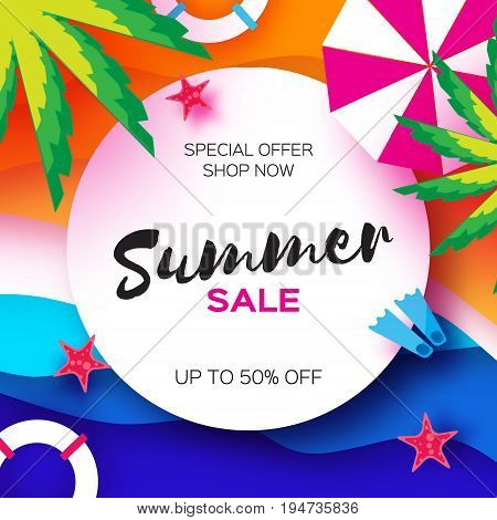 Summer Sale Template banner. Beach rest. Summer vacantion poster. Top view on colorful beach elements. Circle frame with space for text. Paper art style. Vector