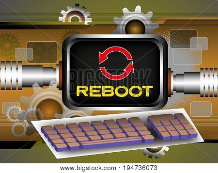 Colorful illustration with computer screen, keyboard and the word reboot written on the computer's screen