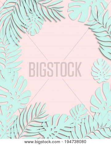 Abstract grunge triangle and exotic paper leaves background. Cut out of palm leaf monstera with paper textures. Summer origami illustration