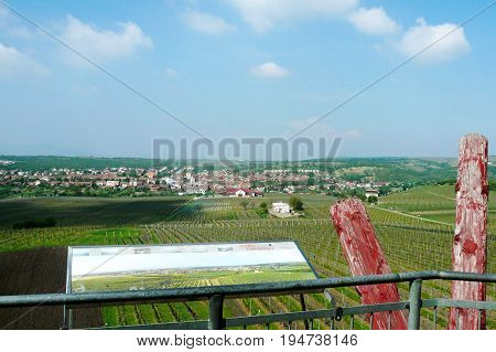 View of a farm winery on spring from the lookout tower on the hill of Slunecna towards the Velke Pavlovice, Czech Republic