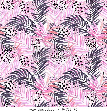Watercolor tropical leaves seamless pattern. Watercolour pink colored and graphic palm leaf painting with minimal elements. Hand painted art illustration for summer design. Water color background.